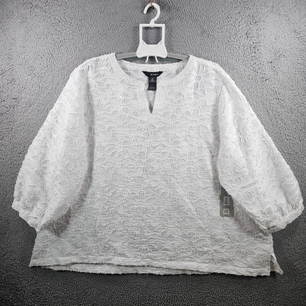 NEW Ali Miles Top Blouse Women‎ 3X Split Neck Floral Detailed White